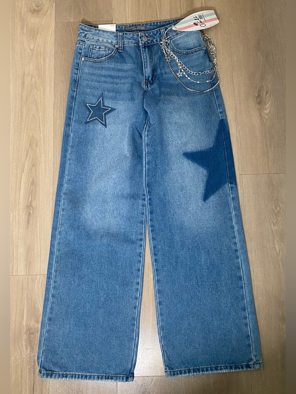 NWT Cali 1850 Women’s Wide-Leg Blue Jeans Star Embellished Chains Jeans Sz 13/31